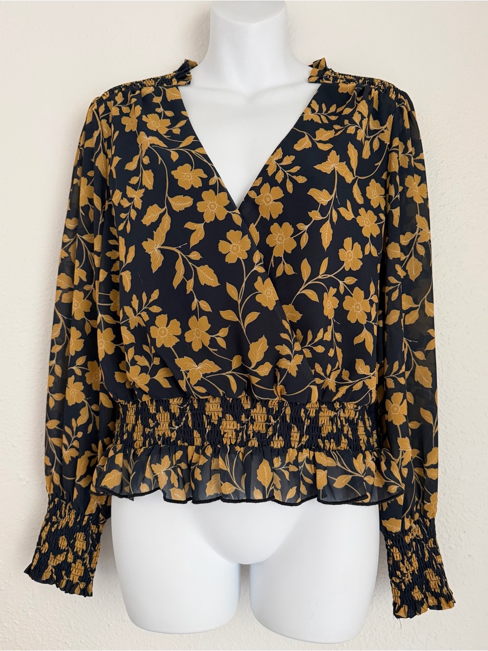 Lost + Wander Dark Blue and Mustard Floral Smocked Peplum Blouse